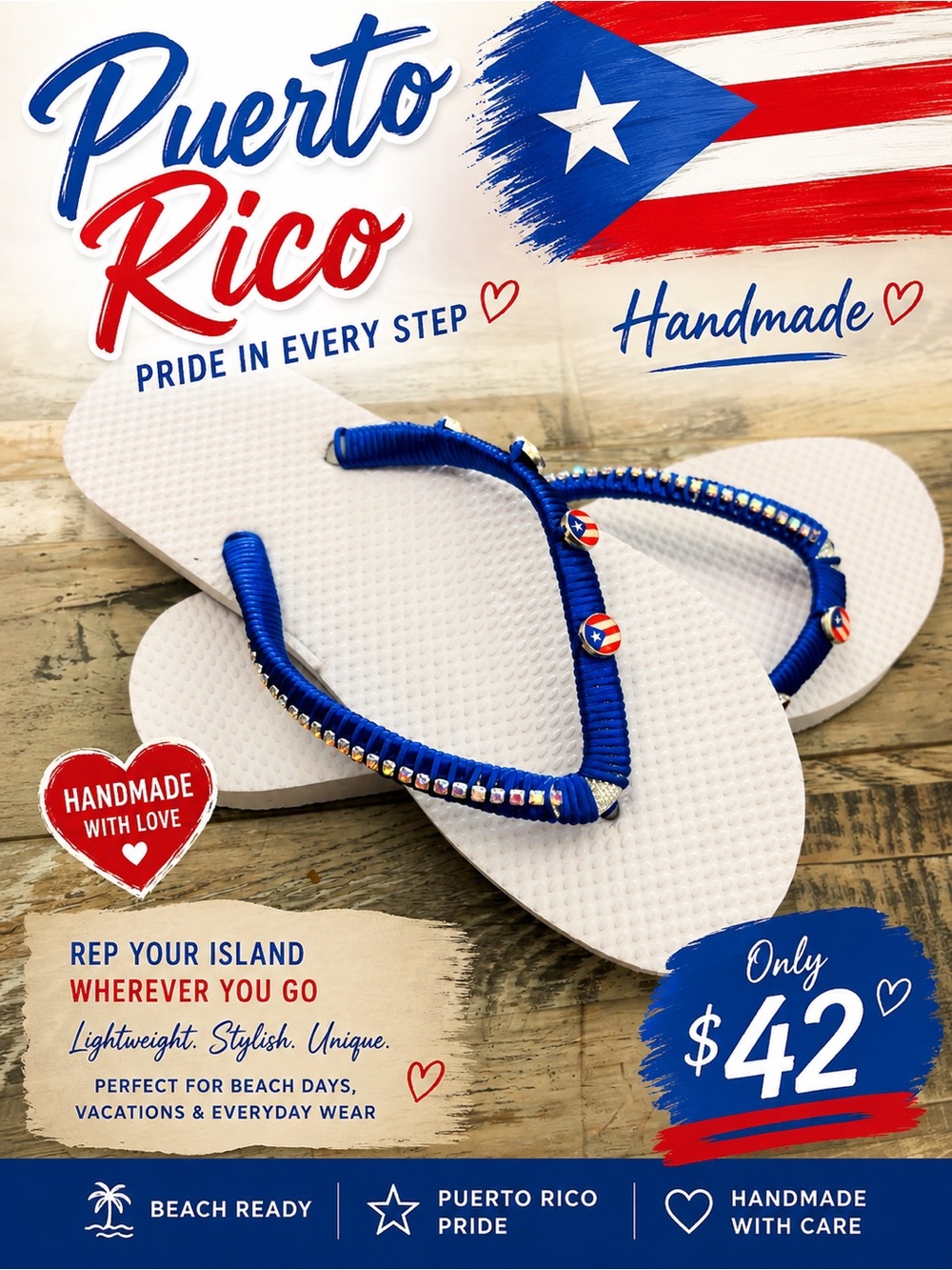🩷. S-26. Handmade Puerto Rico Pride White Flip Flops with Blue Beaded Straps